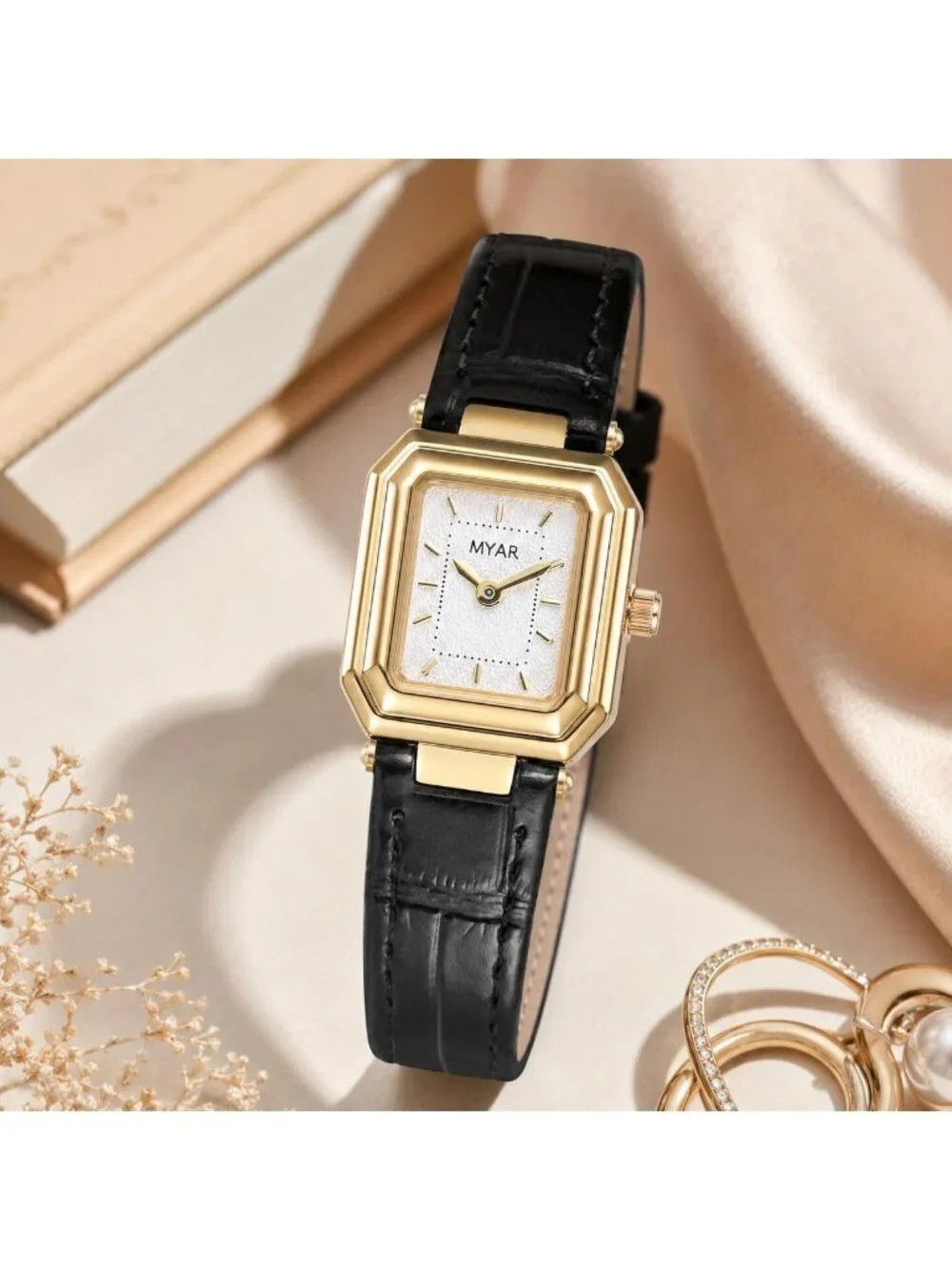 Women's Black White Square Vintage Leather Strap Quartz Elegant Wrist Watch